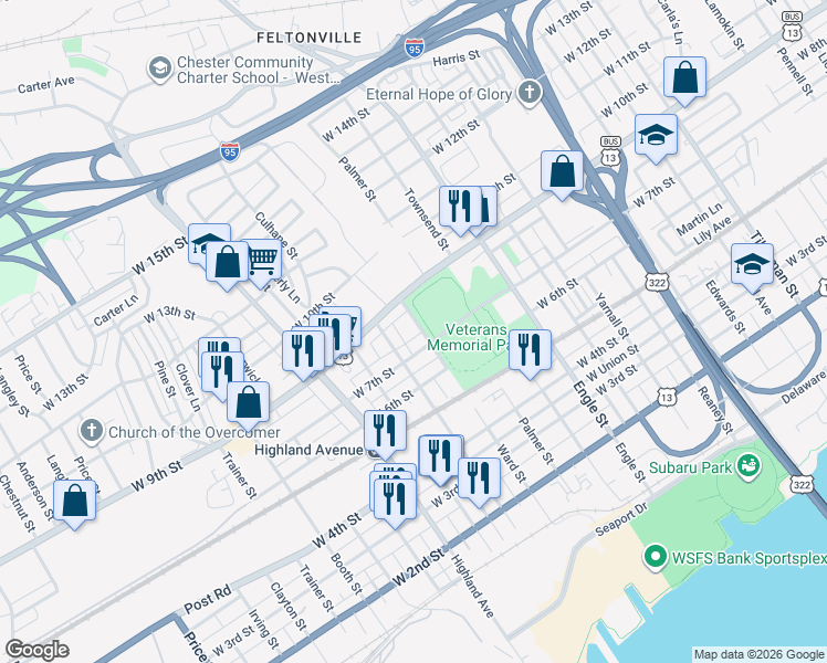 map of restaurants, bars, coffee shops, grocery stores, and more near 713 Mill Street in Chester