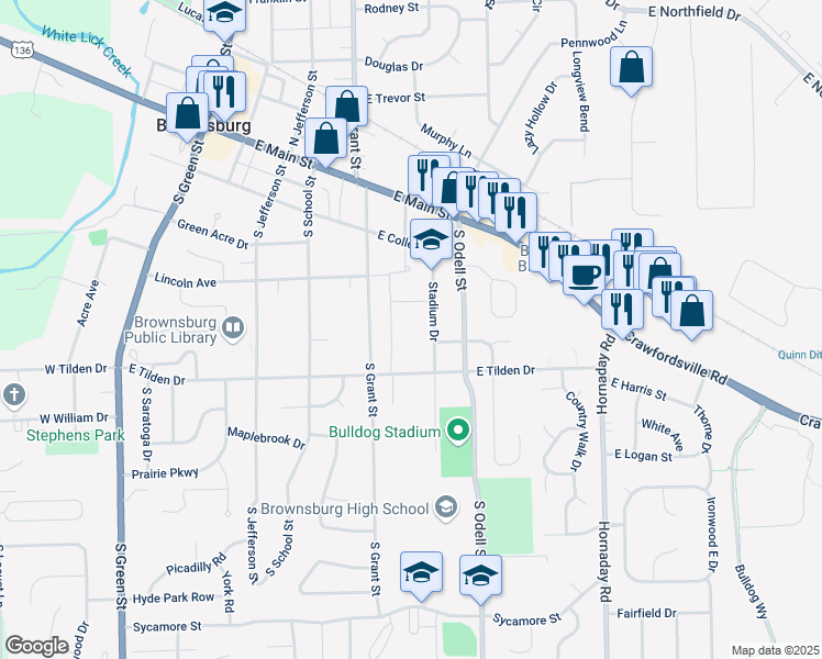map of restaurants, bars, coffee shops, grocery stores, and more near 340 Stadium Drive in Brownsburg