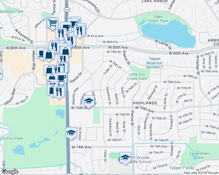 map of restaurants, bars, coffee shops, grocery stores, and more near 7685 Reed Street in Arvada