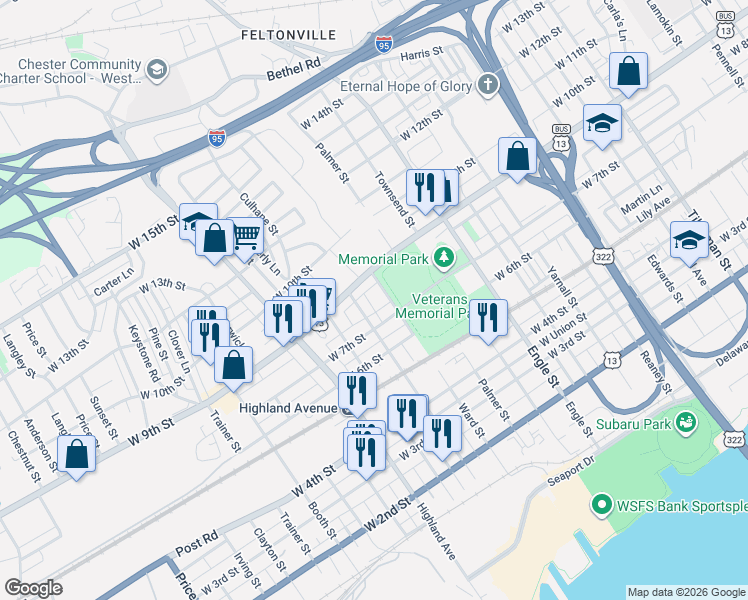 map of restaurants, bars, coffee shops, grocery stores, and more near 713 Mill Street in Chester