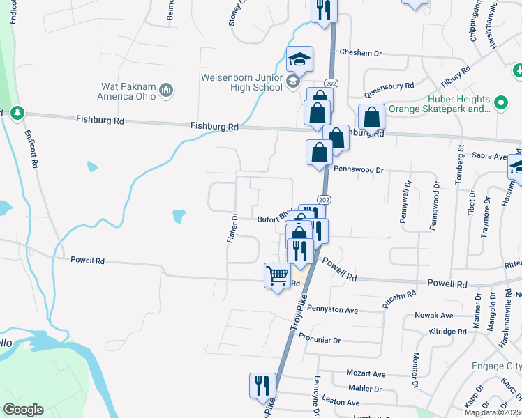 map of restaurants, bars, coffee shops, grocery stores, and more near 4507 Bufort Boulevard in Dayton