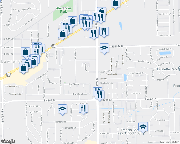 map of restaurants, bars, coffee shops, grocery stores, and more near 8901 Duxbury Road in Lawrence