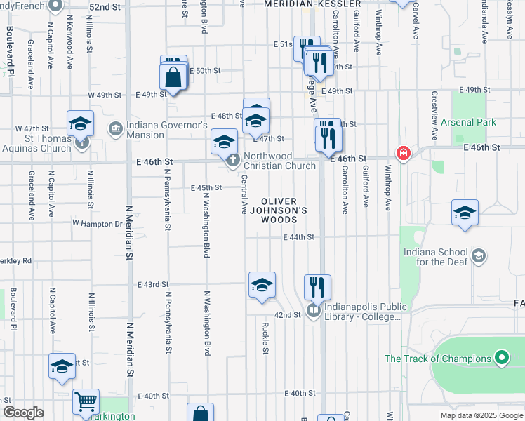 map of restaurants, bars, coffee shops, grocery stores, and more near 4441 Central Avenue in Indianapolis