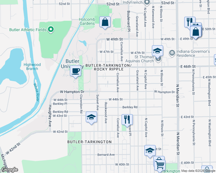 map of restaurants, bars, coffee shops, grocery stores, and more near 480 West Hampton Drive in Indianapolis