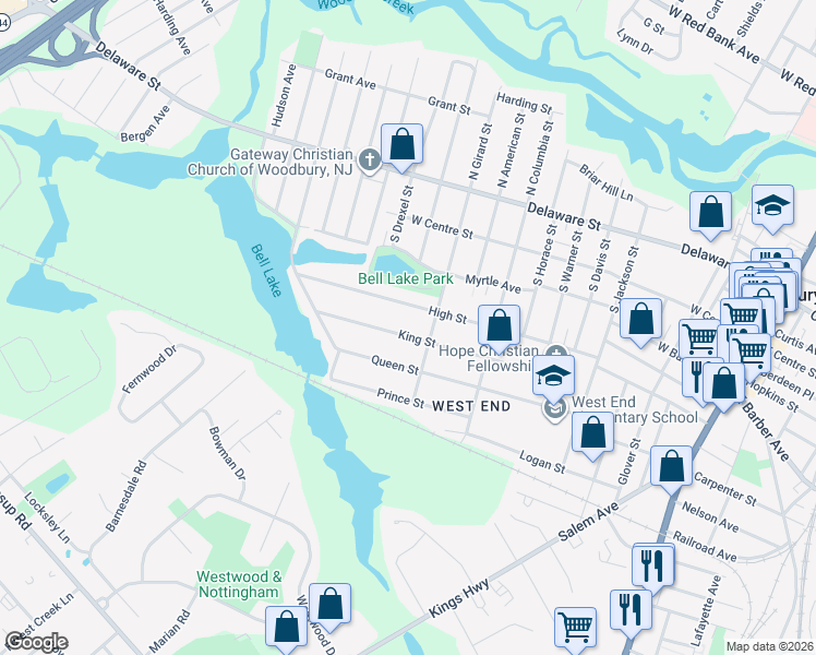 map of restaurants, bars, coffee shops, grocery stores, and more near 522 King Street in Woodbury