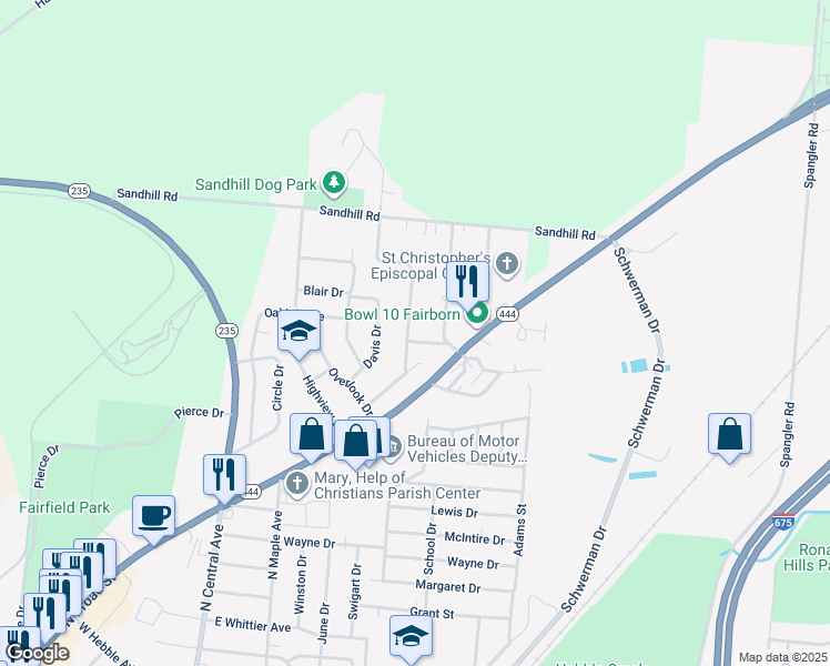map of restaurants, bars, coffee shops, grocery stores, and more near 1308 Sunset Drive in Fairborn