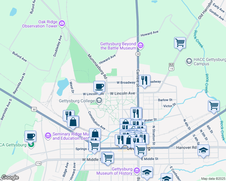 map of restaurants, bars, coffee shops, grocery stores, and more near 133 West Lincoln Avenue in Gettysburg