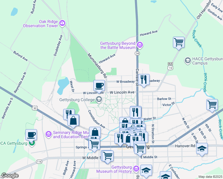 map of restaurants, bars, coffee shops, grocery stores, and more near 137 West Lincoln Avenue in Gettysburg