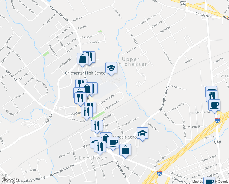 map of restaurants, bars, coffee shops, grocery stores, and more near 914 Thornton Road in Boothwyn