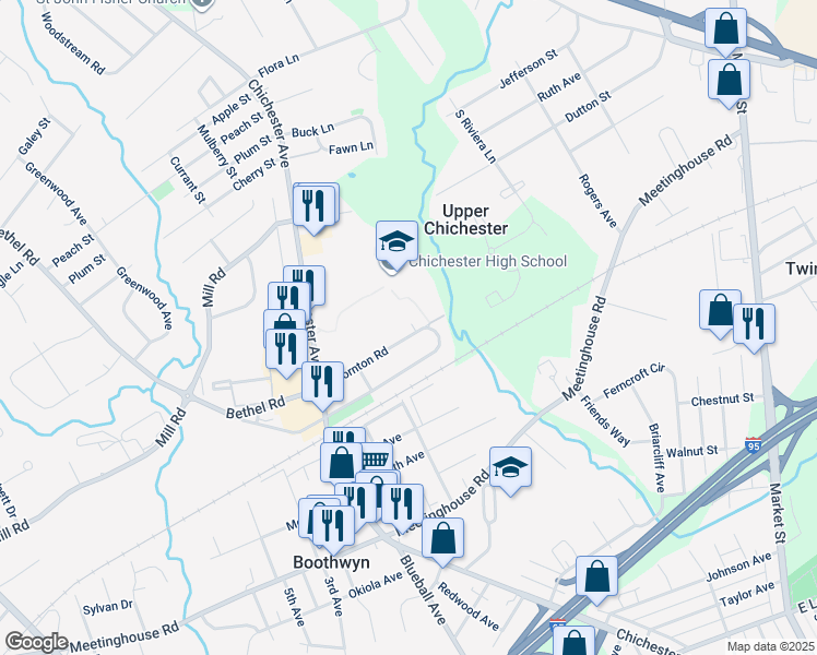 map of restaurants, bars, coffee shops, grocery stores, and more near 914 Thornton Road in Boothwyn