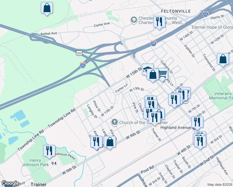 map of restaurants, bars, coffee shops, grocery stores, and more near 3419 Carter Lane in Chester