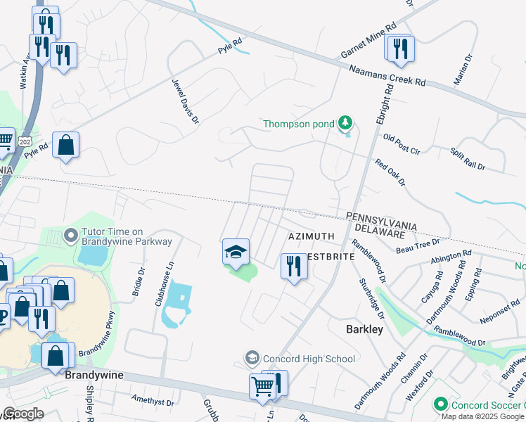 map of restaurants, bars, coffee shops, grocery stores, and more near 404 Delta Road in Wilmington
