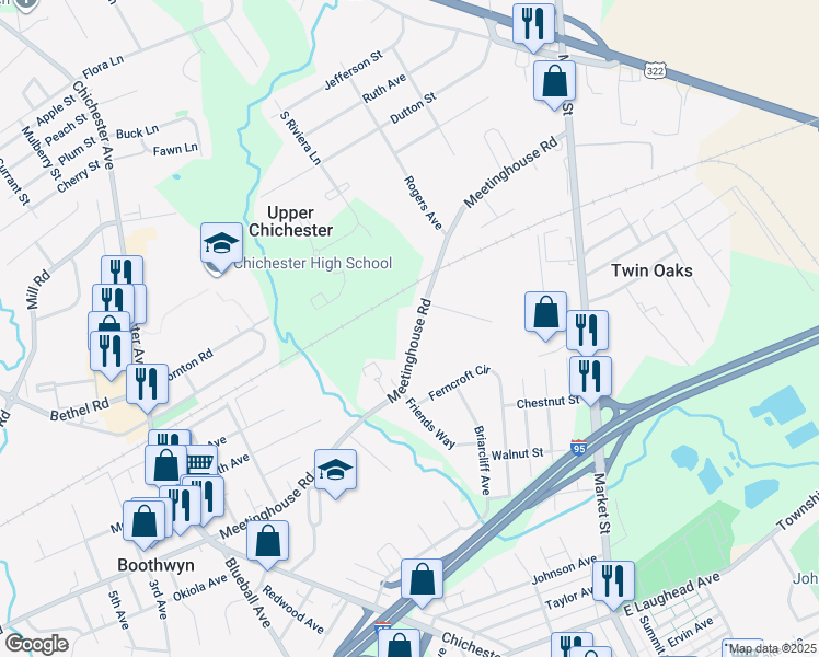 map of restaurants, bars, coffee shops, grocery stores, and more near 606 Meetinghouse Road in Boothwyn