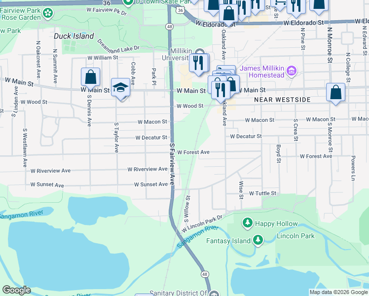 map of restaurants, bars, coffee shops, grocery stores, and more near 1200-1298 West Forest Avenue in Decatur