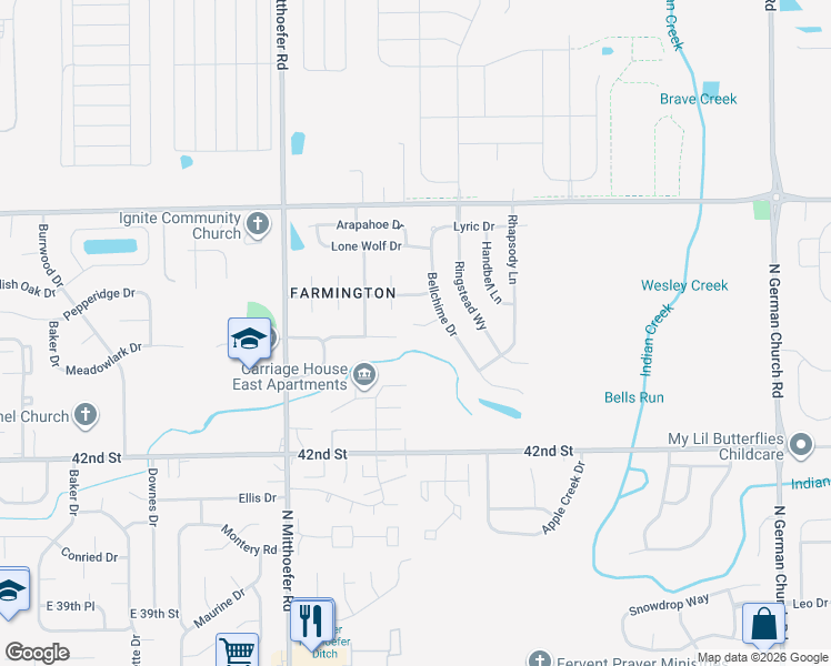 map of restaurants, bars, coffee shops, grocery stores, and more near 10241 Windchime Court in Indianapolis