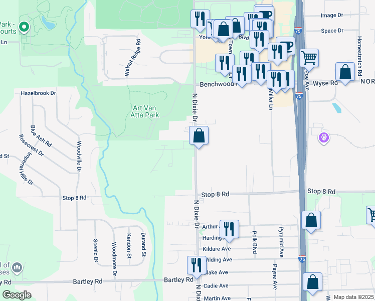 map of restaurants, bars, coffee shops, grocery stores, and more near 3042 Jewelstone Drive in Dayton