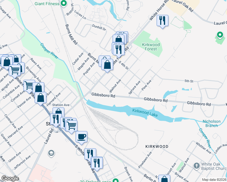 map of restaurants, bars, coffee shops, grocery stores, and more near 1131 Gibbsboro Road in Voorhees Township
