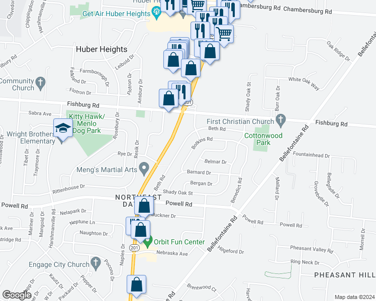 map of restaurants, bars, coffee shops, grocery stores, and more near 5645 Botkins Road in Dayton