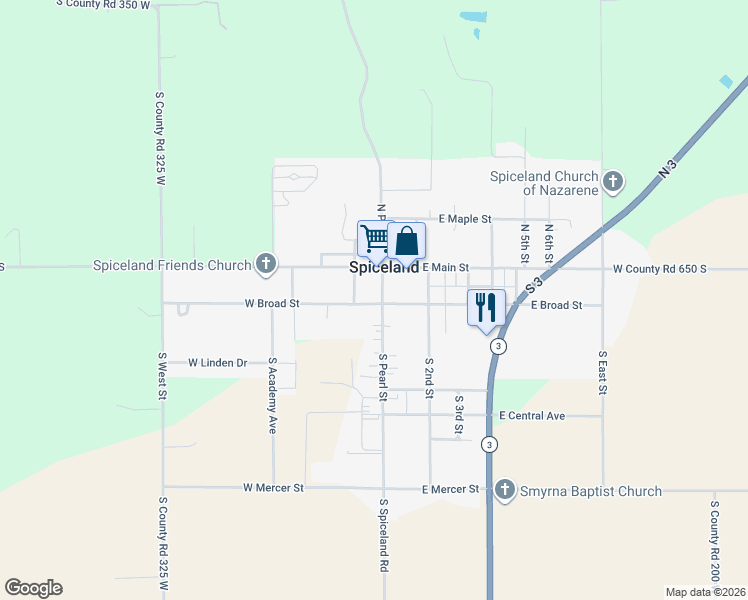 map of restaurants, bars, coffee shops, grocery stores, and more near 119 West Broad Street in Spiceland