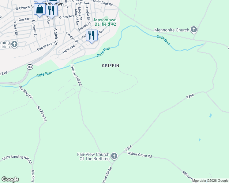 map of restaurants, bars, coffee shops, grocery stores, and more near 5 Mack Farm Road in Masontown