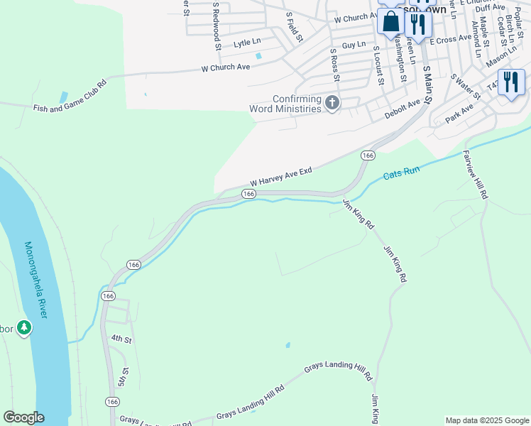 map of restaurants, bars, coffee shops, grocery stores, and more near 180 Masontown Woodside Road in Masontown