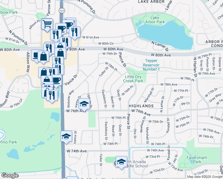map of restaurants, bars, coffee shops, grocery stores, and more near 7685 Reed Street in Arvada