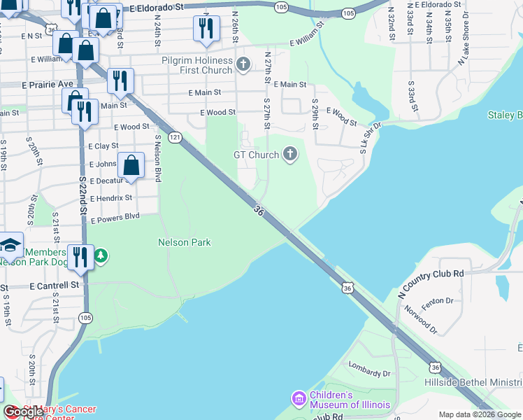 map of restaurants, bars, coffee shops, grocery stores, and more near 2866 Illinois 121 in Decatur