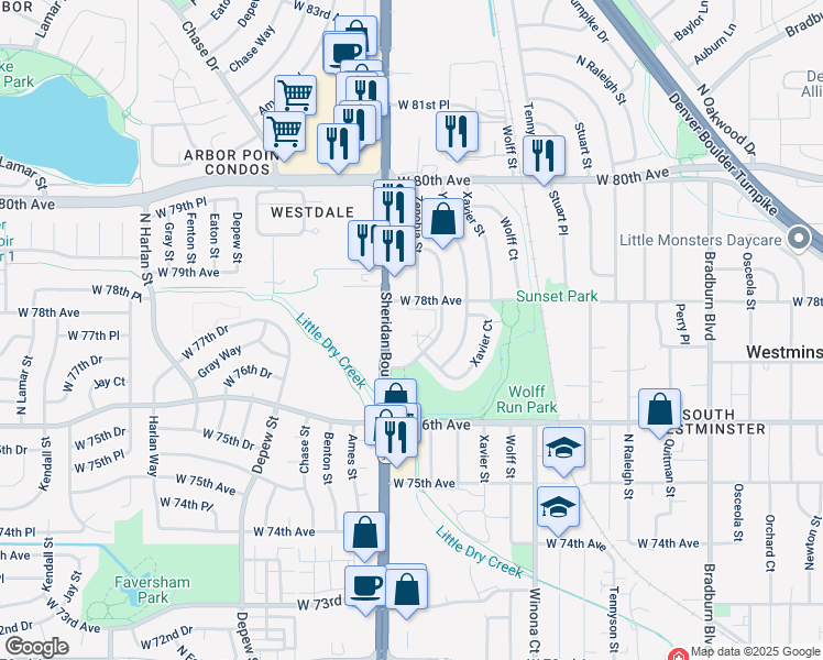 map of restaurants, bars, coffee shops, grocery stores, and more near 7751 Zenobia Court in Westminster