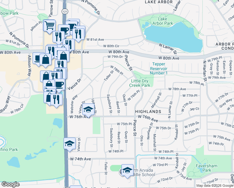 map of restaurants, bars, coffee shops, grocery stores, and more near 7685 Reed Street in Arvada