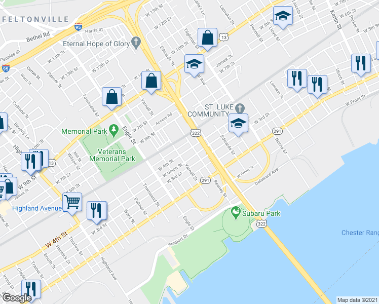 map of restaurants, bars, coffee shops, grocery stores, and more near 1960 West Union Street in Chester