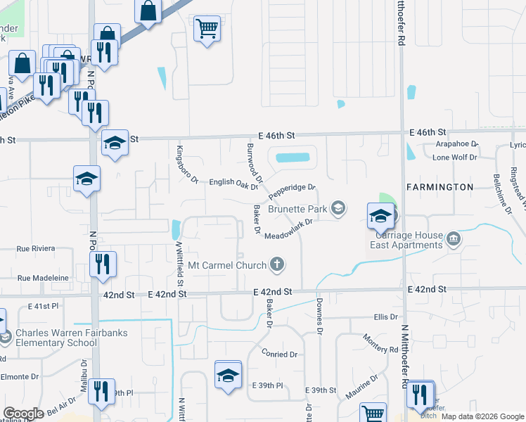 map of restaurants, bars, coffee shops, grocery stores, and more near 9526 Burrwood Court in Indianapolis