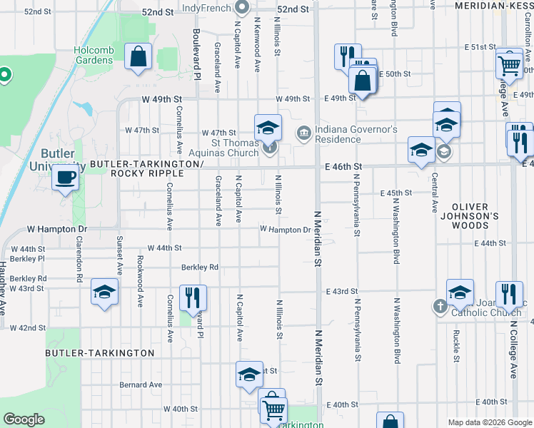 map of restaurants, bars, coffee shops, grocery stores, and more near 116 West Hampton Drive in Indianapolis