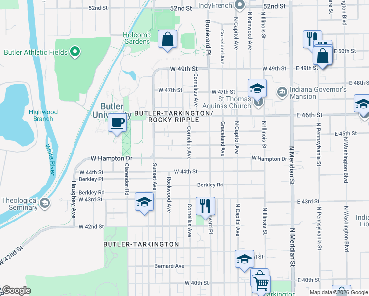 map of restaurants, bars, coffee shops, grocery stores, and more near 402 West Hampton Drive in Indianapolis