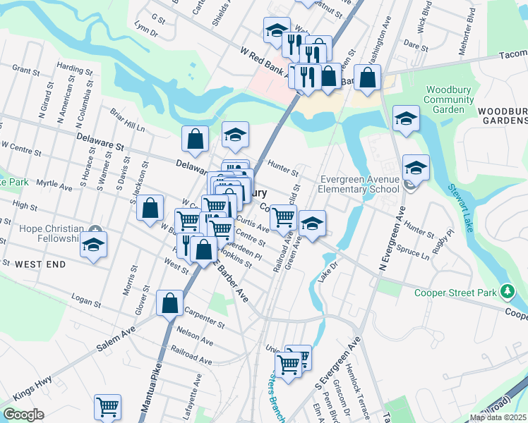 map of restaurants, bars, coffee shops, grocery stores, and more near 57 Cooper Street in Woodbury