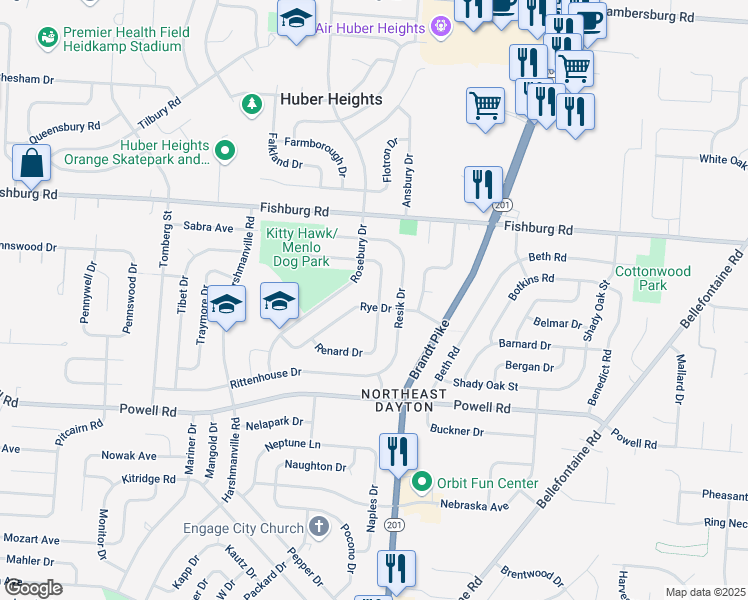 map of restaurants, bars, coffee shops, grocery stores, and more near 5739 Rousseau Drive in Dayton