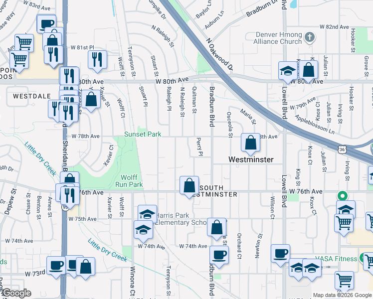 map of restaurants, bars, coffee shops, grocery stores, and more near 7755 Quitman Street in Westminster