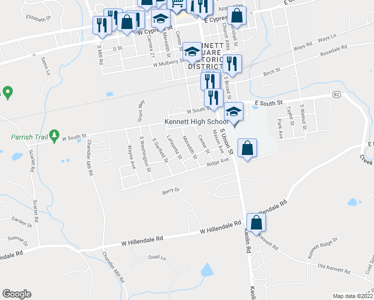 map of restaurants, bars, coffee shops, grocery stores, and more near 714 Meredith Street in Kennett Square