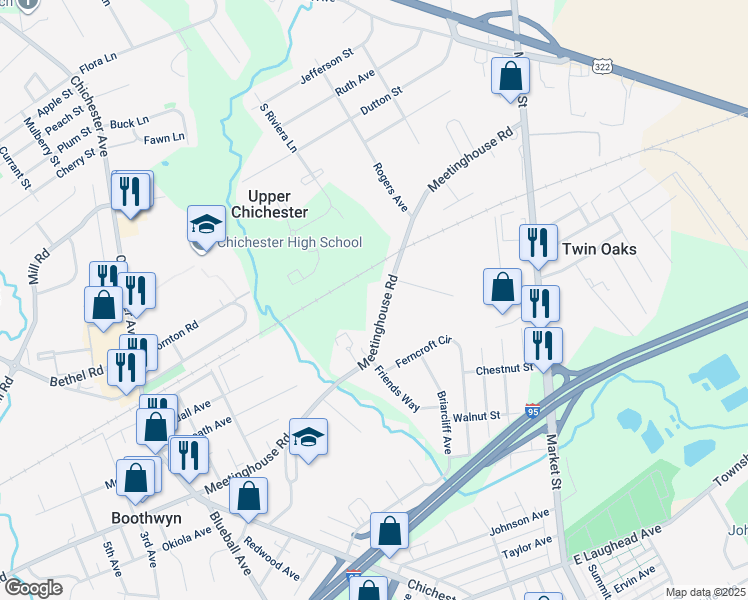 map of restaurants, bars, coffee shops, grocery stores, and more near 606 Meetinghouse Road in Boothwyn