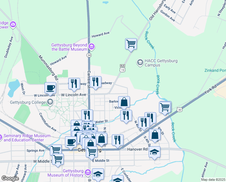 map of restaurants, bars, coffee shops, grocery stores, and more near 415 Harrisburg Street in Gettysburg