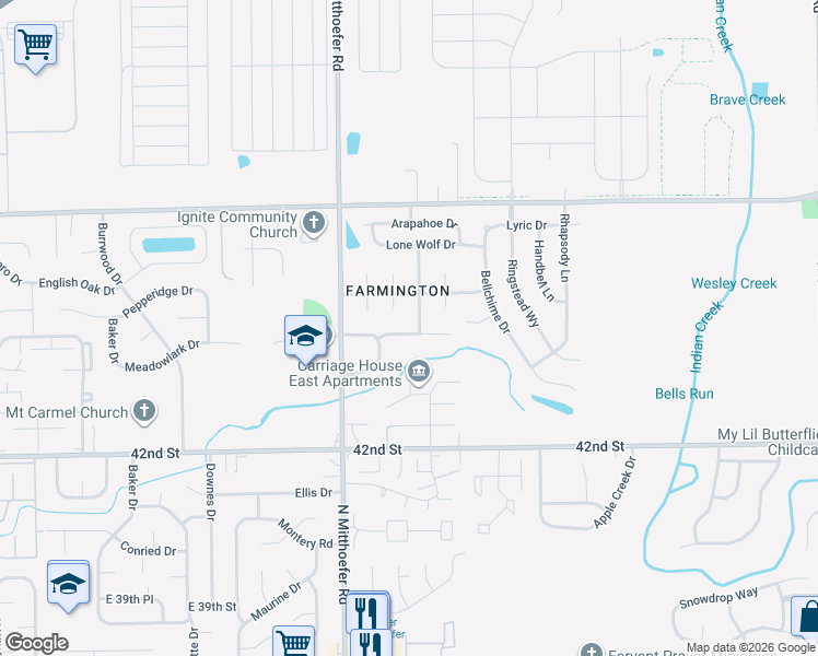 map of restaurants, bars, coffee shops, grocery stores, and more near 10109 Meadowlark Drive in Indianapolis