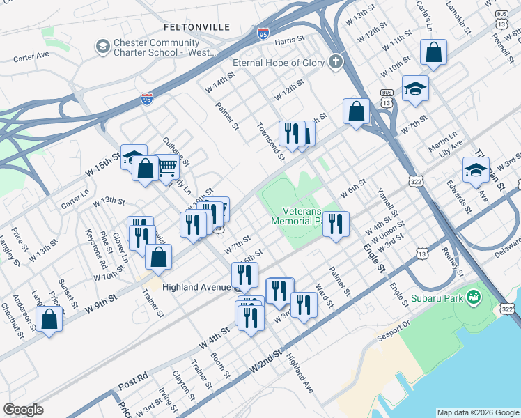 map of restaurants, bars, coffee shops, grocery stores, and more near 713 Mill Street in Chester