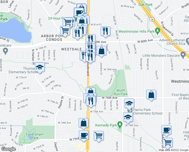 map of restaurants, bars, coffee shops, grocery stores, and more near 7751 Zenobia Court in Westminster