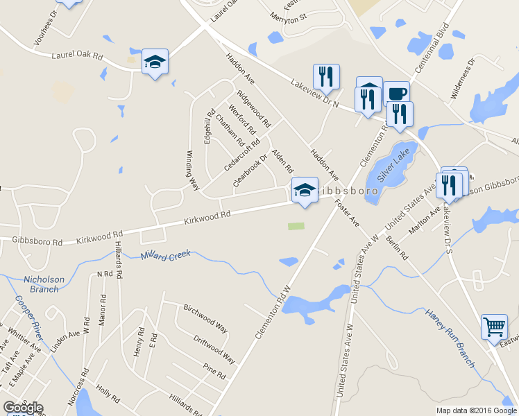 map of restaurants, bars, coffee shops, grocery stores, and more near 61 Kirkwood Rd in Gibbsboro