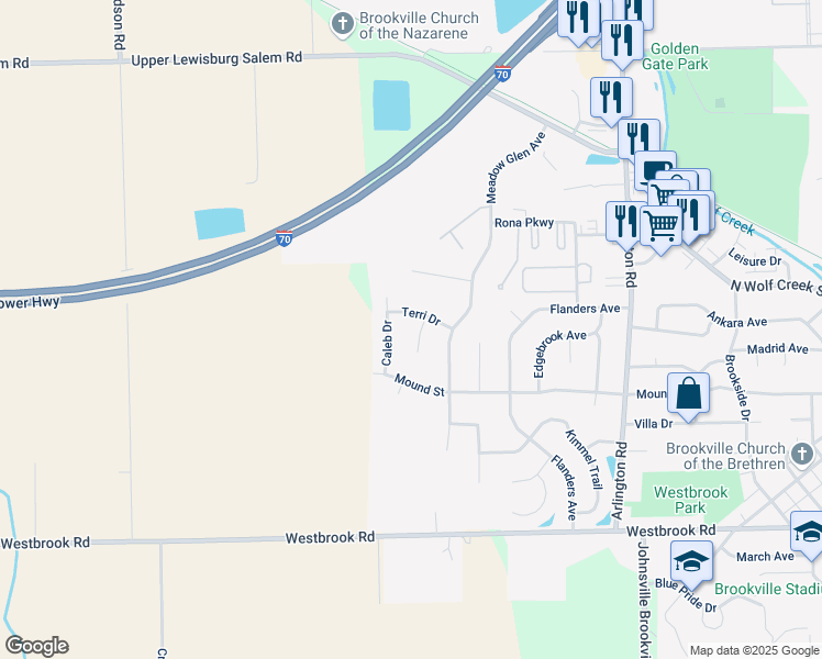 map of restaurants, bars, coffee shops, grocery stores, and more near 522 Caleb Drive in Brookville