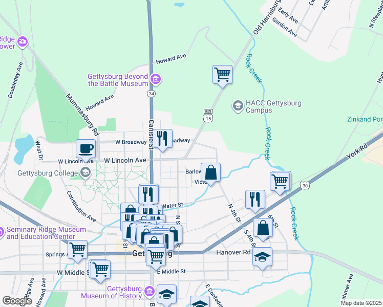 map of restaurants, bars, coffee shops, grocery stores, and more near 415 Harrisburg Street in Gettysburg