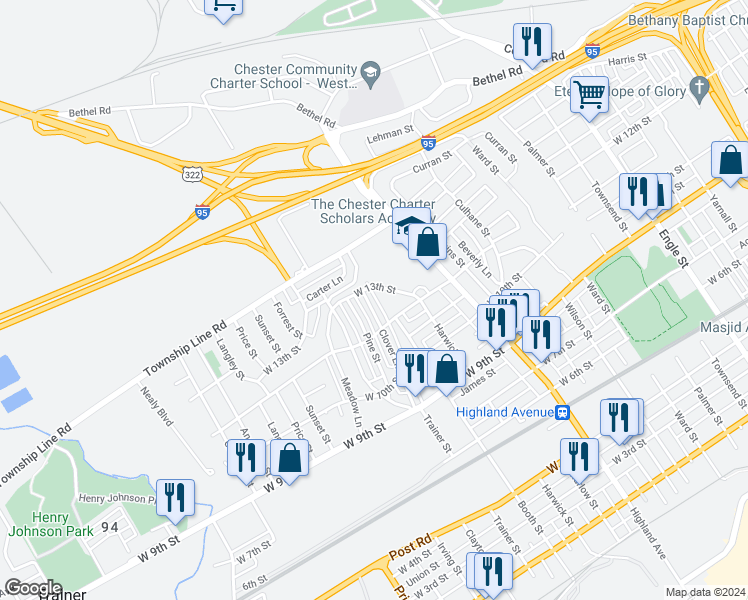 map of restaurants, bars, coffee shops, grocery stores, and more near 1227 Clover Lane in Chester