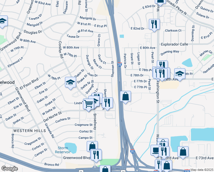 map of restaurants, bars, coffee shops, grocery stores, and more near 7745 Sherman Street in Denver