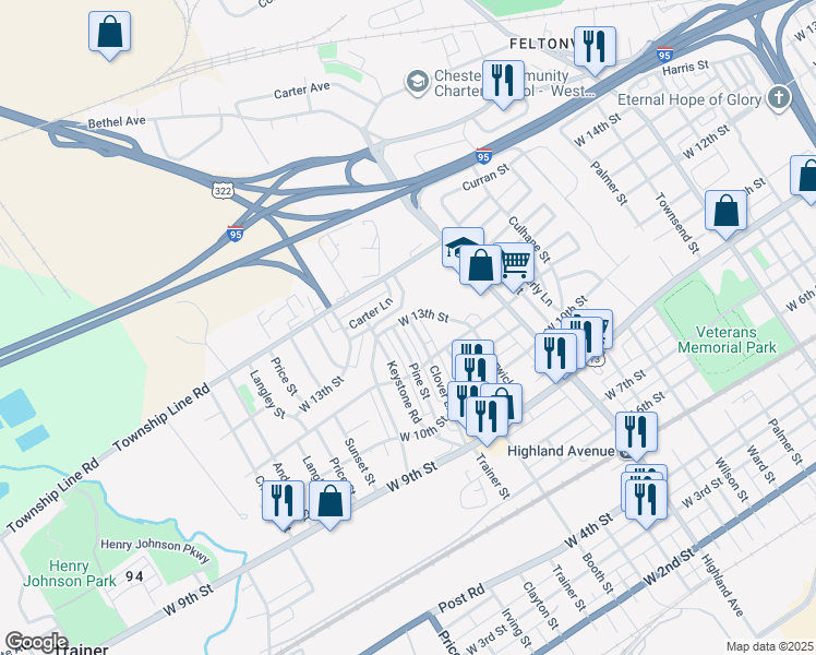 map of restaurants, bars, coffee shops, grocery stores, and more near 1234 Pine Street in Chester