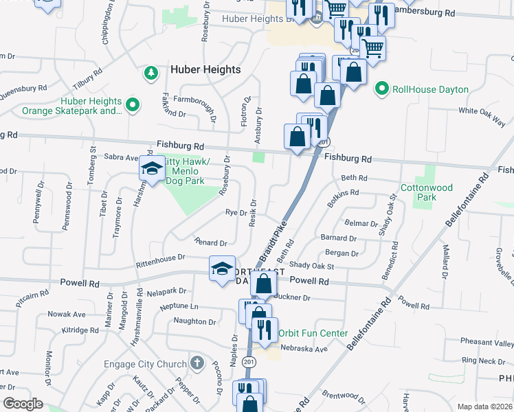 map of restaurants, bars, coffee shops, grocery stores, and more near 5300 Rye Drive in Dayton