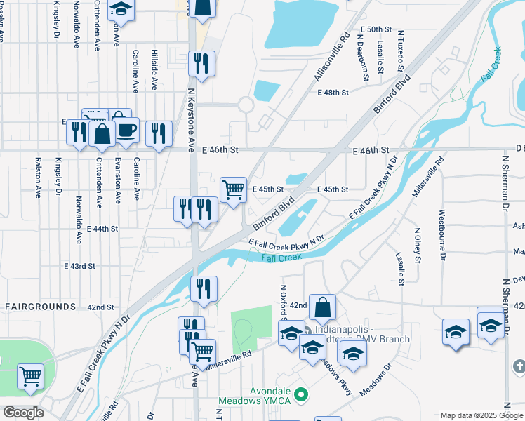 map of restaurants, bars, coffee shops, grocery stores, and more near 2717 Anna Lane in Indianapolis